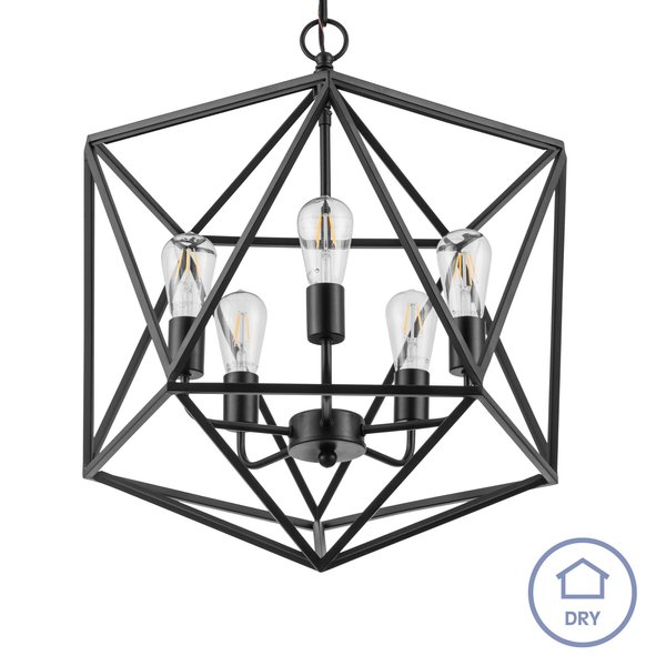 Prominence Home Heleo, 5 Light Matte Black Geometric Cage Chandelier Candle Style Pendant Light 51567-40